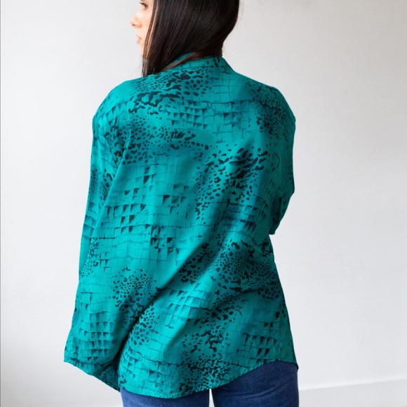 Vintage Teal Cheetah Print Blouse L - Picture 4 of 7
